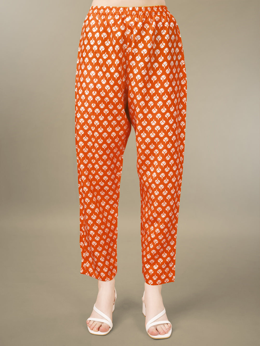 Orange Rayon Print Kurta Set With Embroidery & Fancy Lace Work