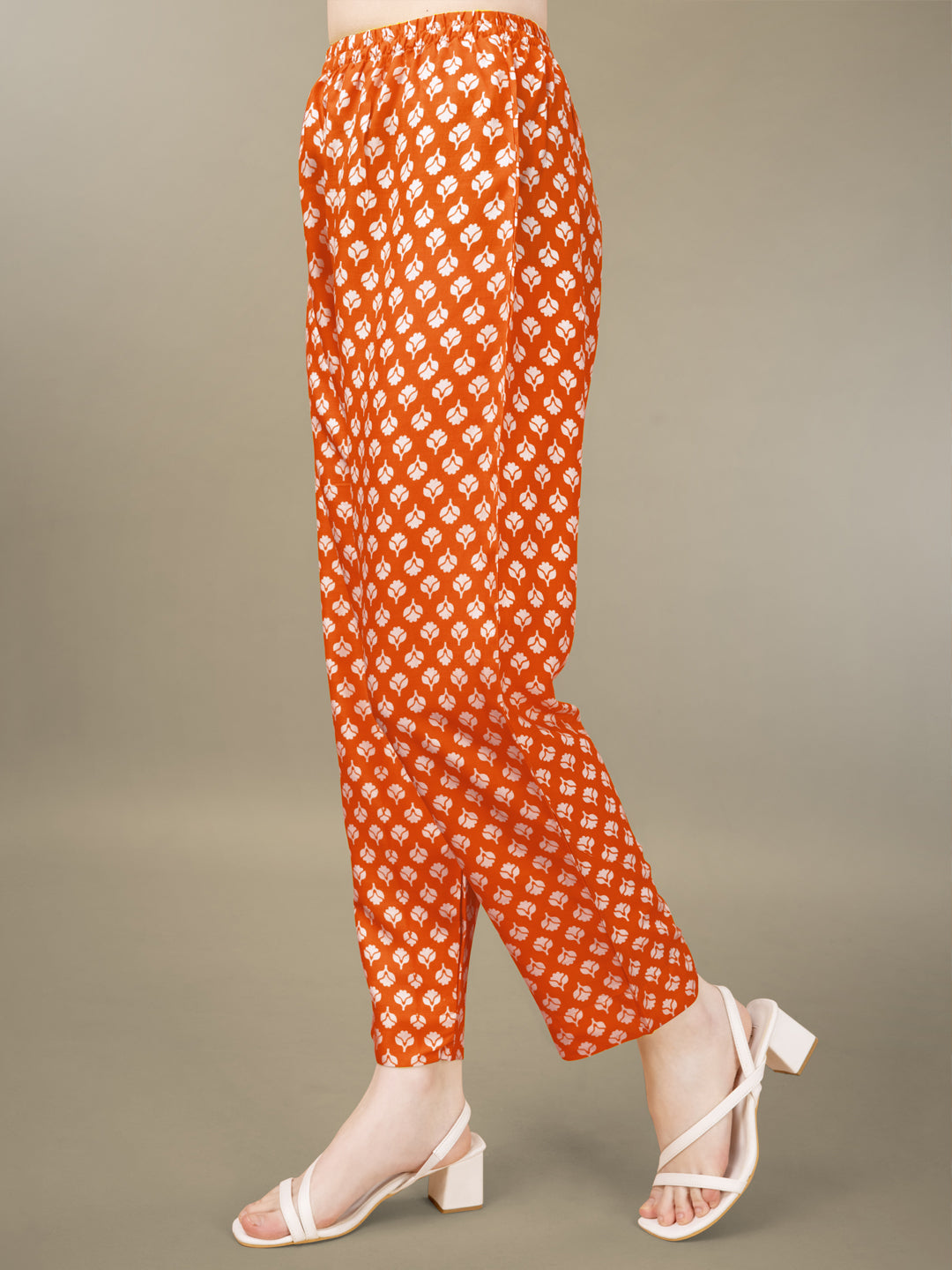 Orange Rayon Print Kurta Set With Embroidery & Fancy Lace Work