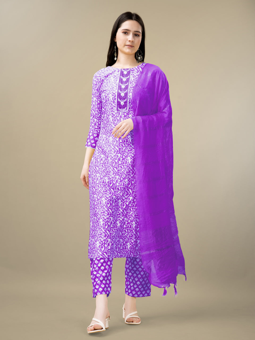 Purple Rayon Print Kurta Set With Embroidery & Fancy Lace Work