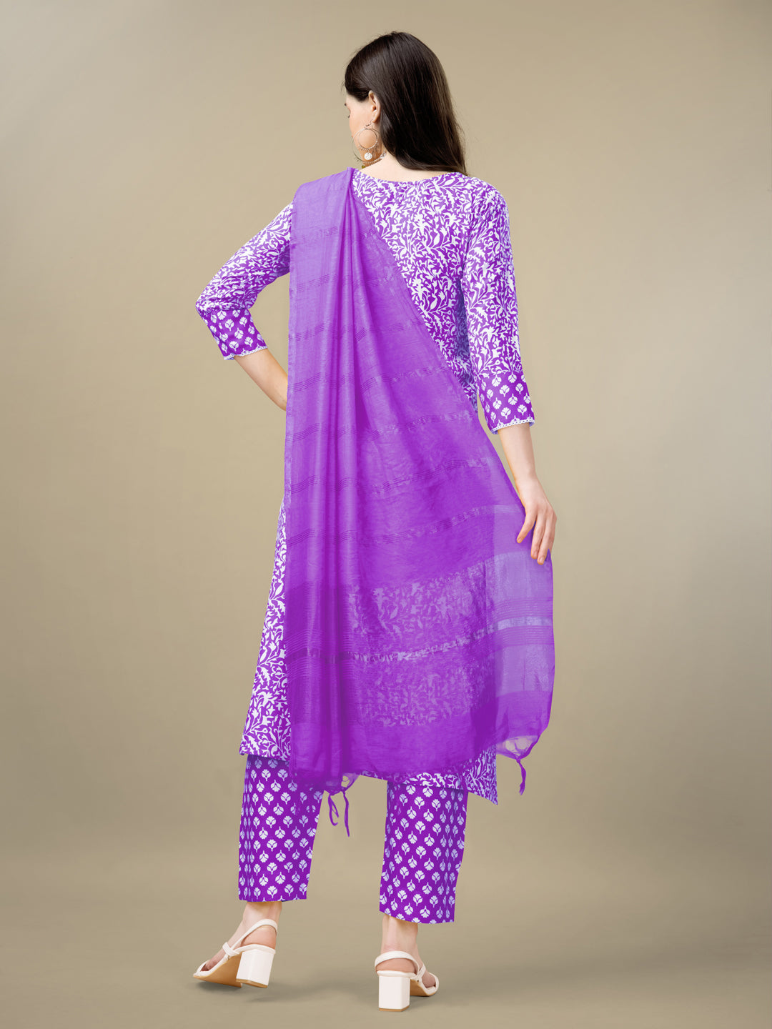 Purple Rayon Print Kurta Set With Embroidery & Fancy Lace Work