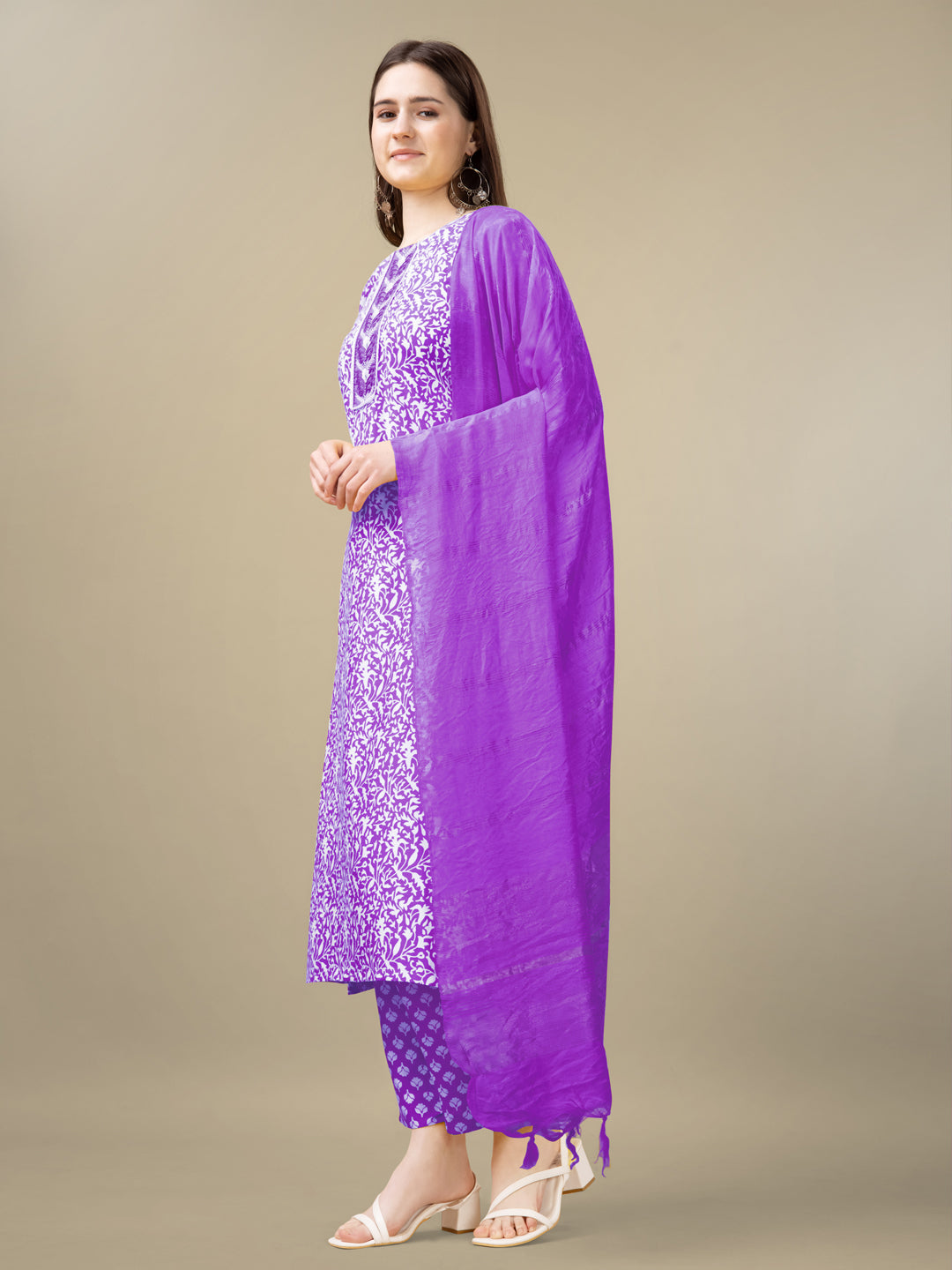 Purple Rayon Print Kurta Set With Embroidery & Fancy Lace Work