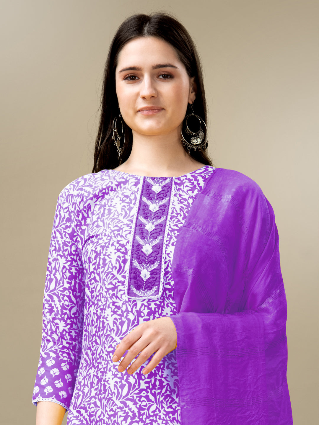 Purple Rayon Print Kurta Set With Embroidery & Fancy Lace Work