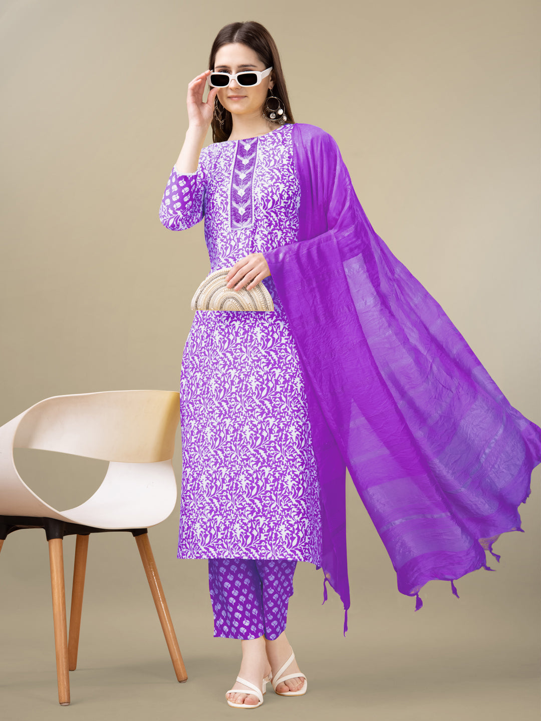 Purple Rayon Print Kurta Set With Embroidery & Fancy Lace Work