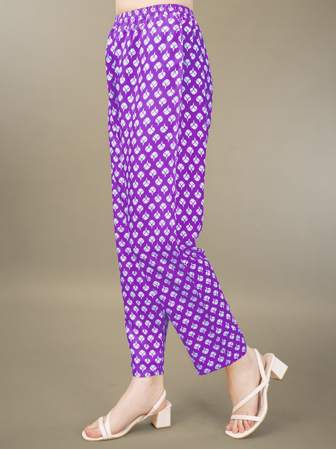 Purple Rayon Print Kurta Set With Embroidery & Fancy Lace Work