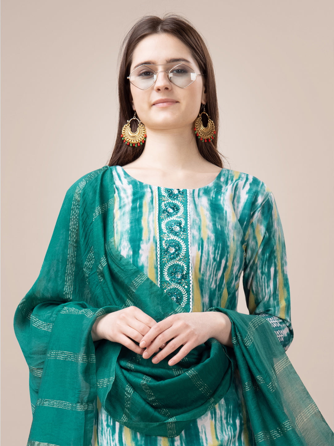 Rama Rayon Print Kurta Set With Embroidery & Fancy Lace Work