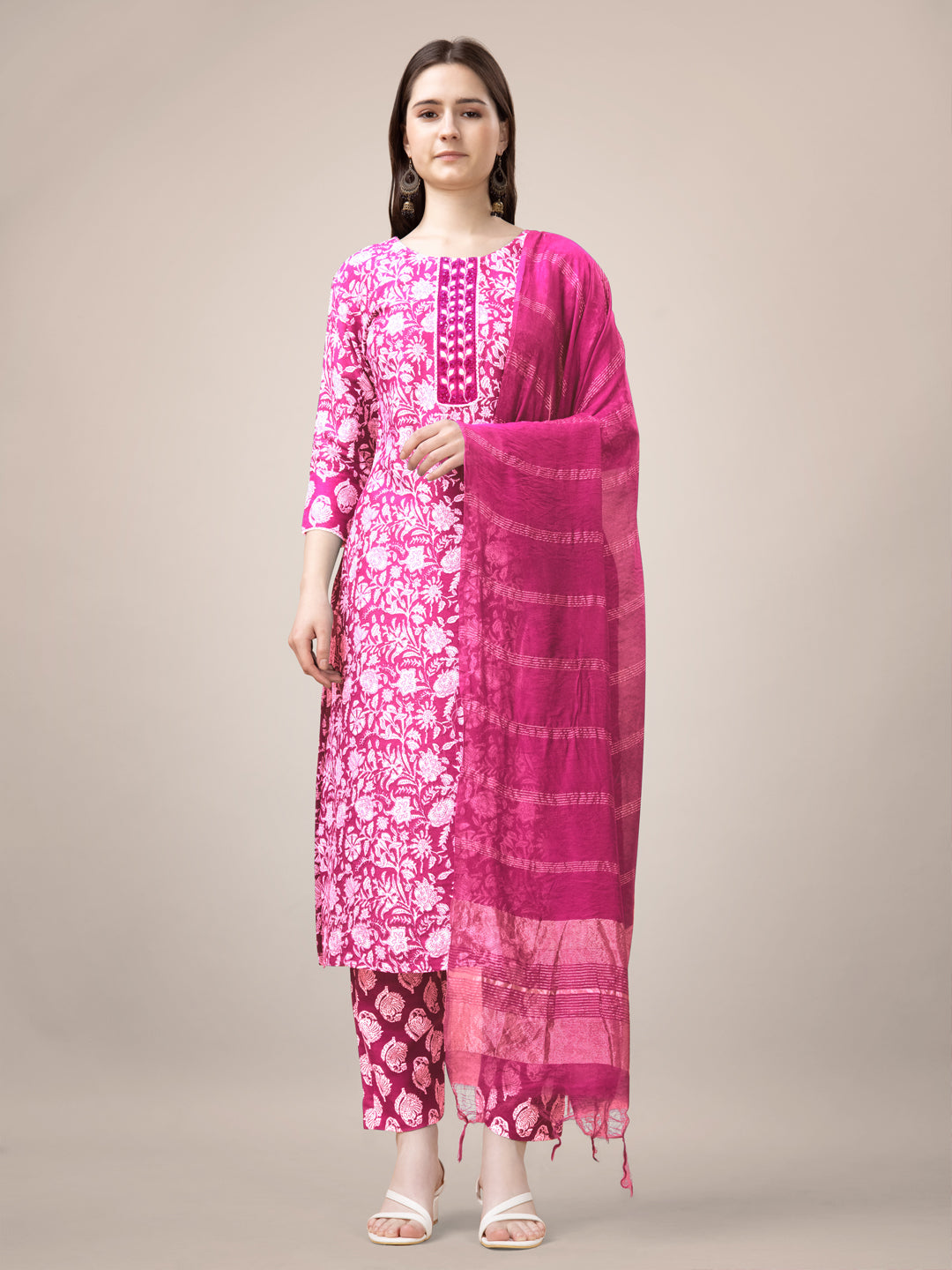 Pink Rayon Print Kurta Set With Embroidery & Fancy Lace Work