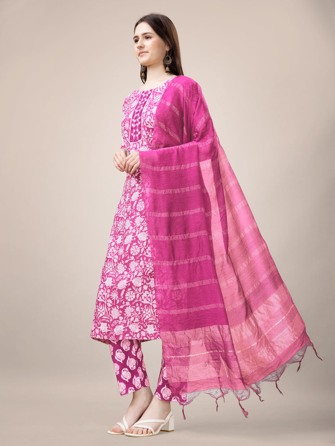 Pink Rayon Print Kurta Set With Embroidery & Fancy Lace Work