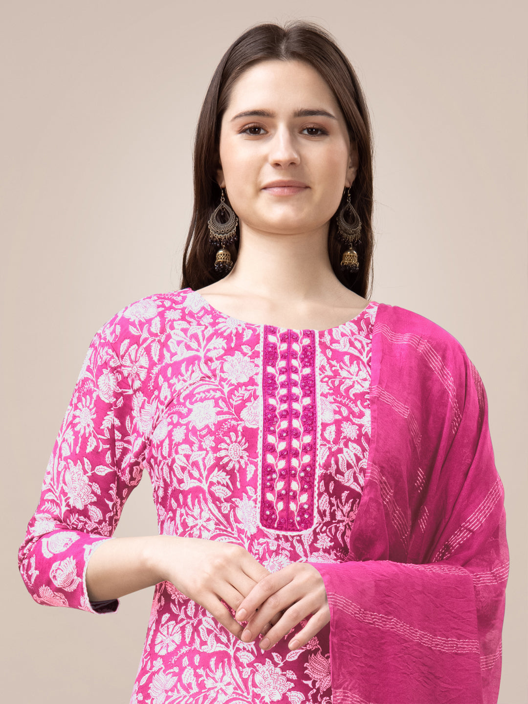 Pink Rayon Print Kurta Set With Embroidery & Fancy Lace Work