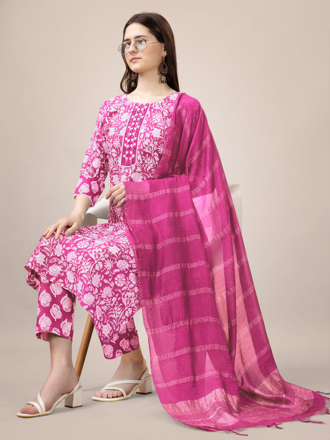 Pink Rayon Print Kurta Set With Embroidery & Fancy Lace Work