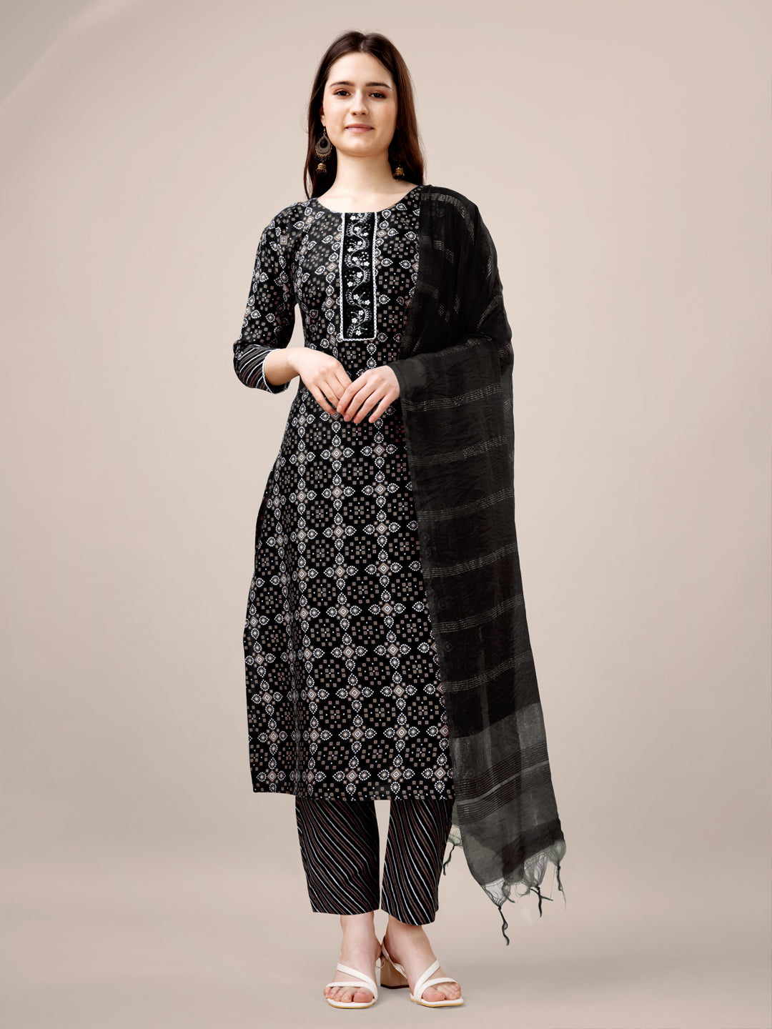 Black Rayon Print Kurta Set With Embroidery & Fancy Lace Work