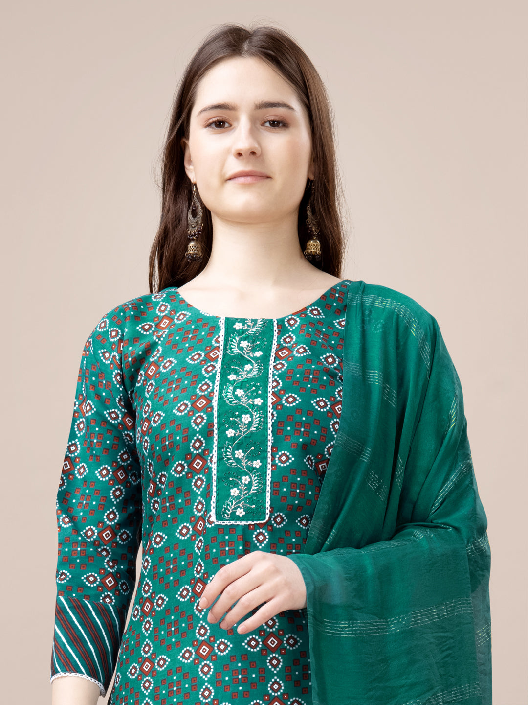 Rama Rayon Print Kurta Set With Embroidery & Fancy Lace Work