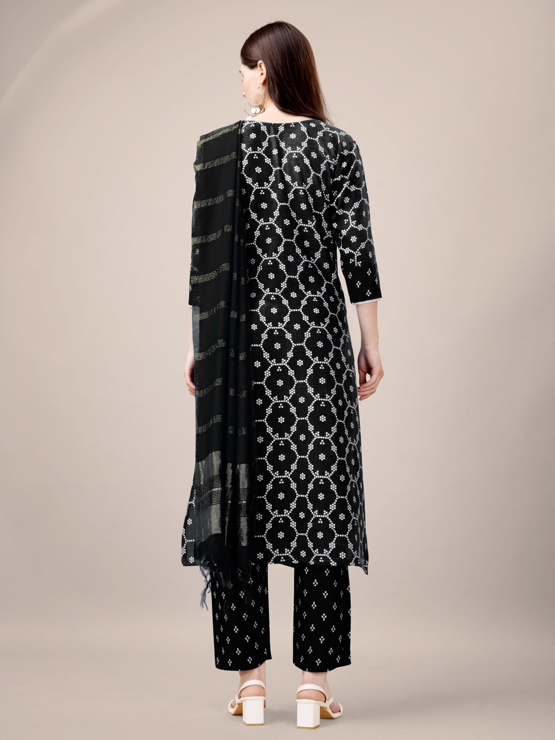 Black Rayon Print Kurta Set With Embroidery & Fancy Lace Work