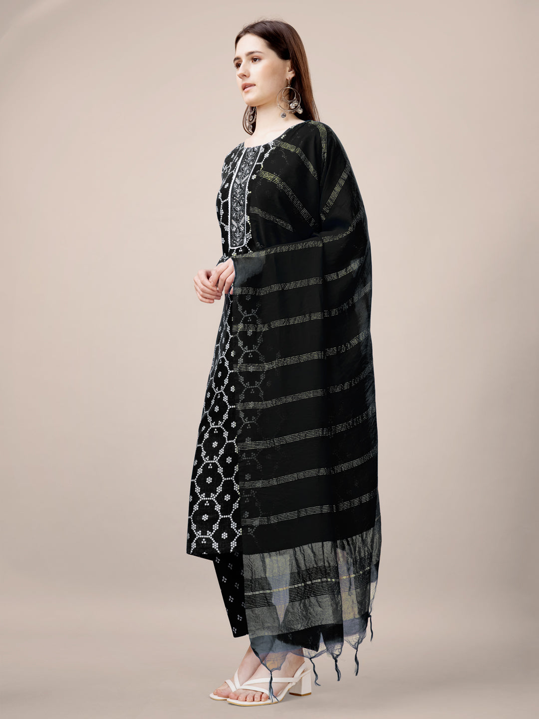 Black Rayon Print Kurta Set With Embroidery & Fancy Lace Work