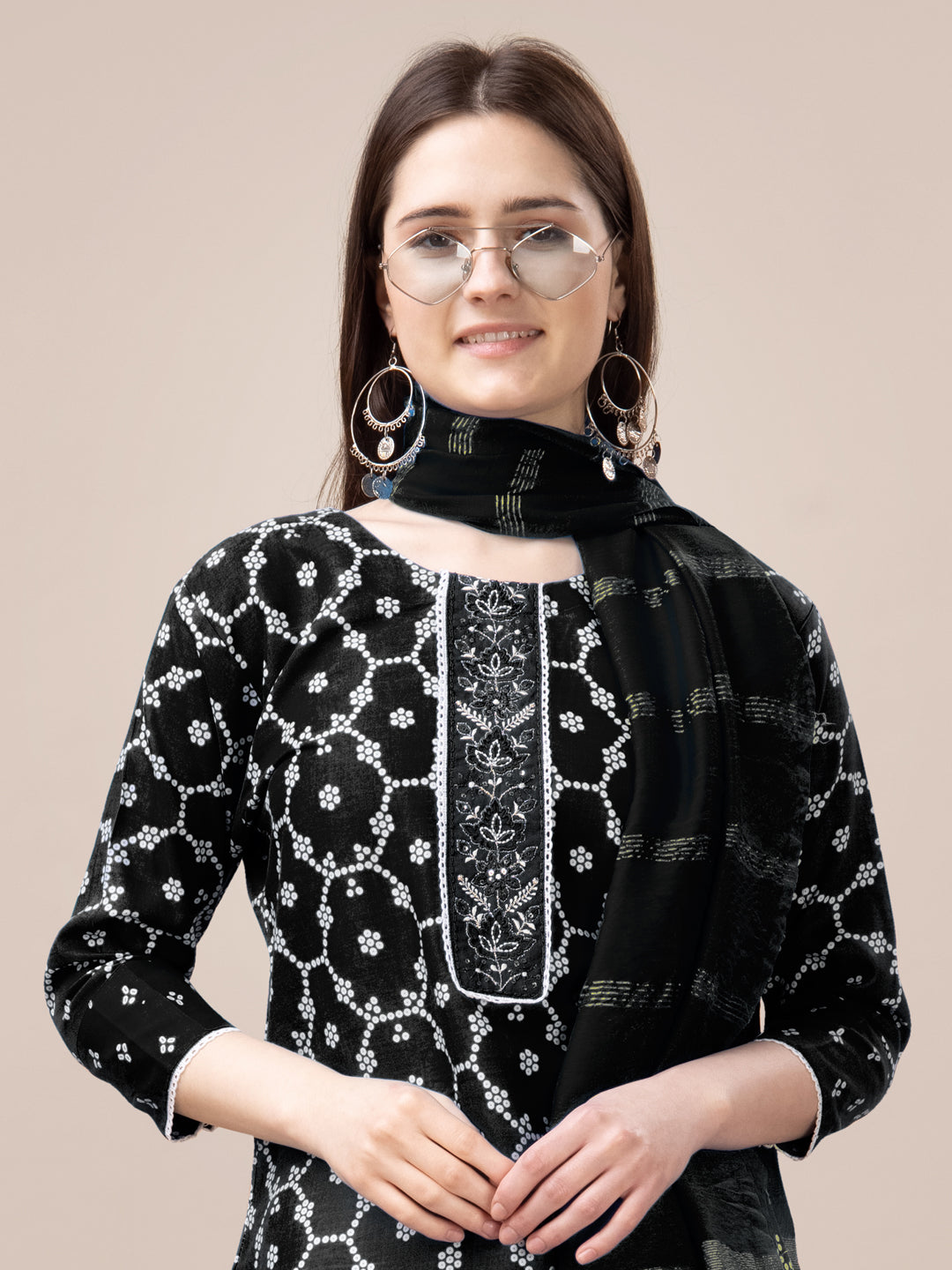 Black Rayon Print Kurta Set With Embroidery & Fancy Lace Work