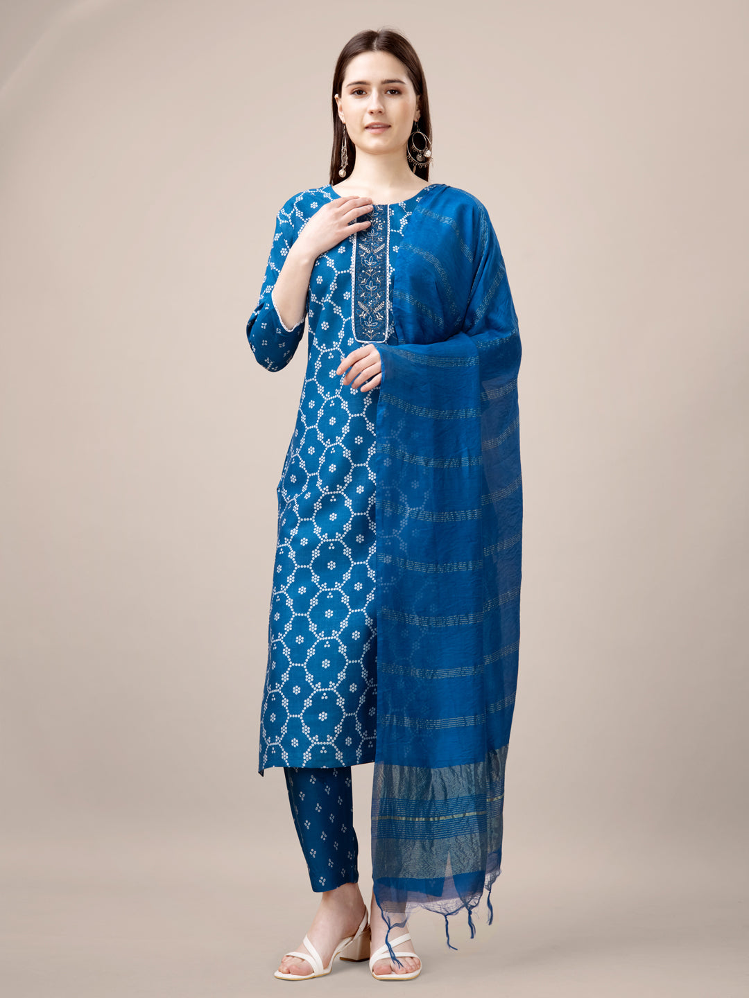 Blue Rayon Print Kurta Set With Embroidery & Fancy Lace Work