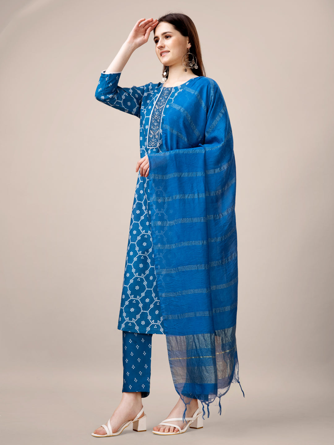 Blue Rayon Print Kurta Set With Embroidery & Fancy Lace Work