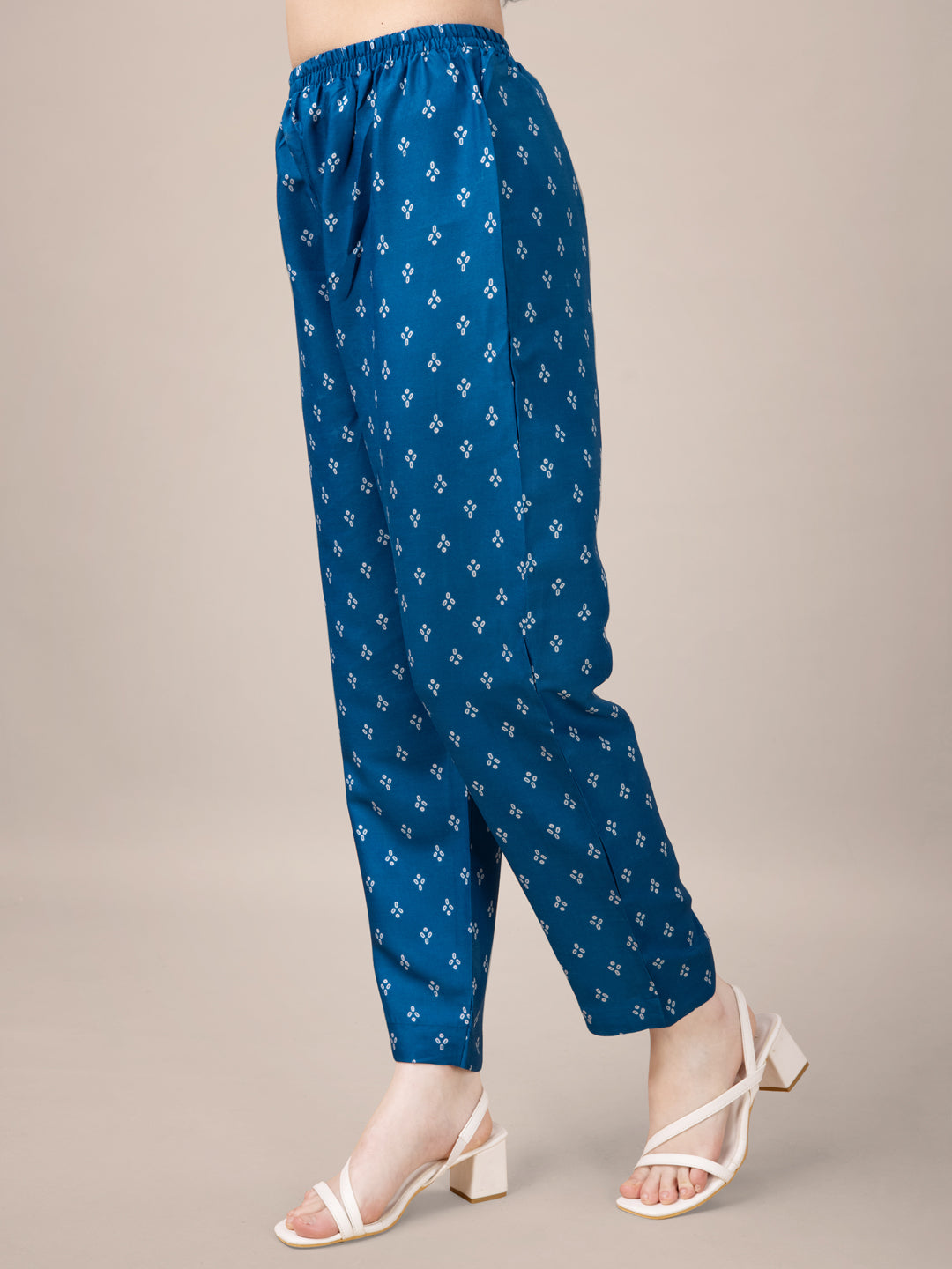 Blue Rayon Print Kurta Set With Embroidery & Fancy Lace Work