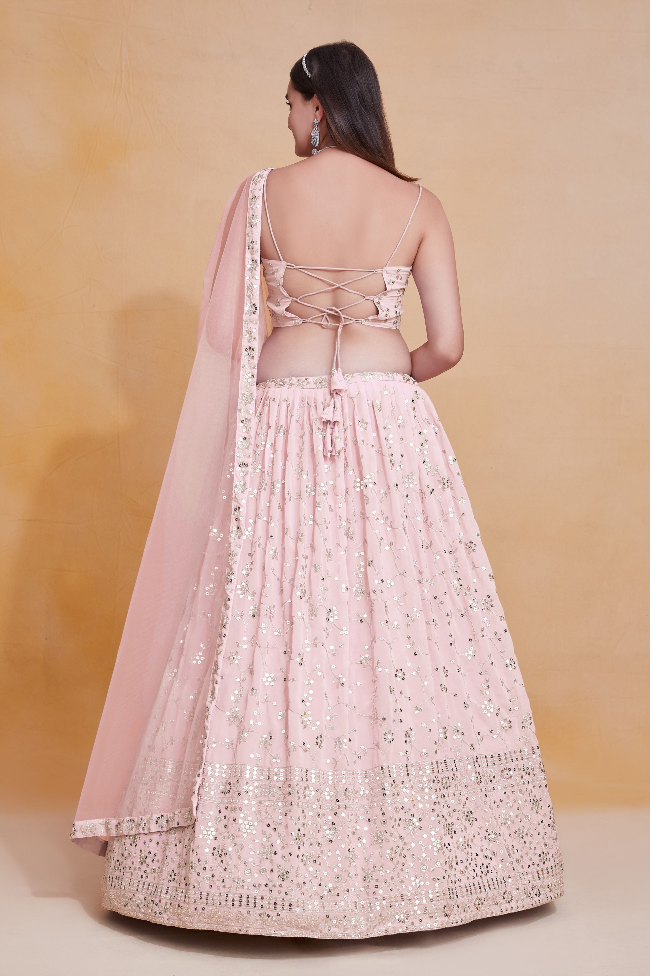 Peach Georgette Sequence Embroidery Work Lehenga choli