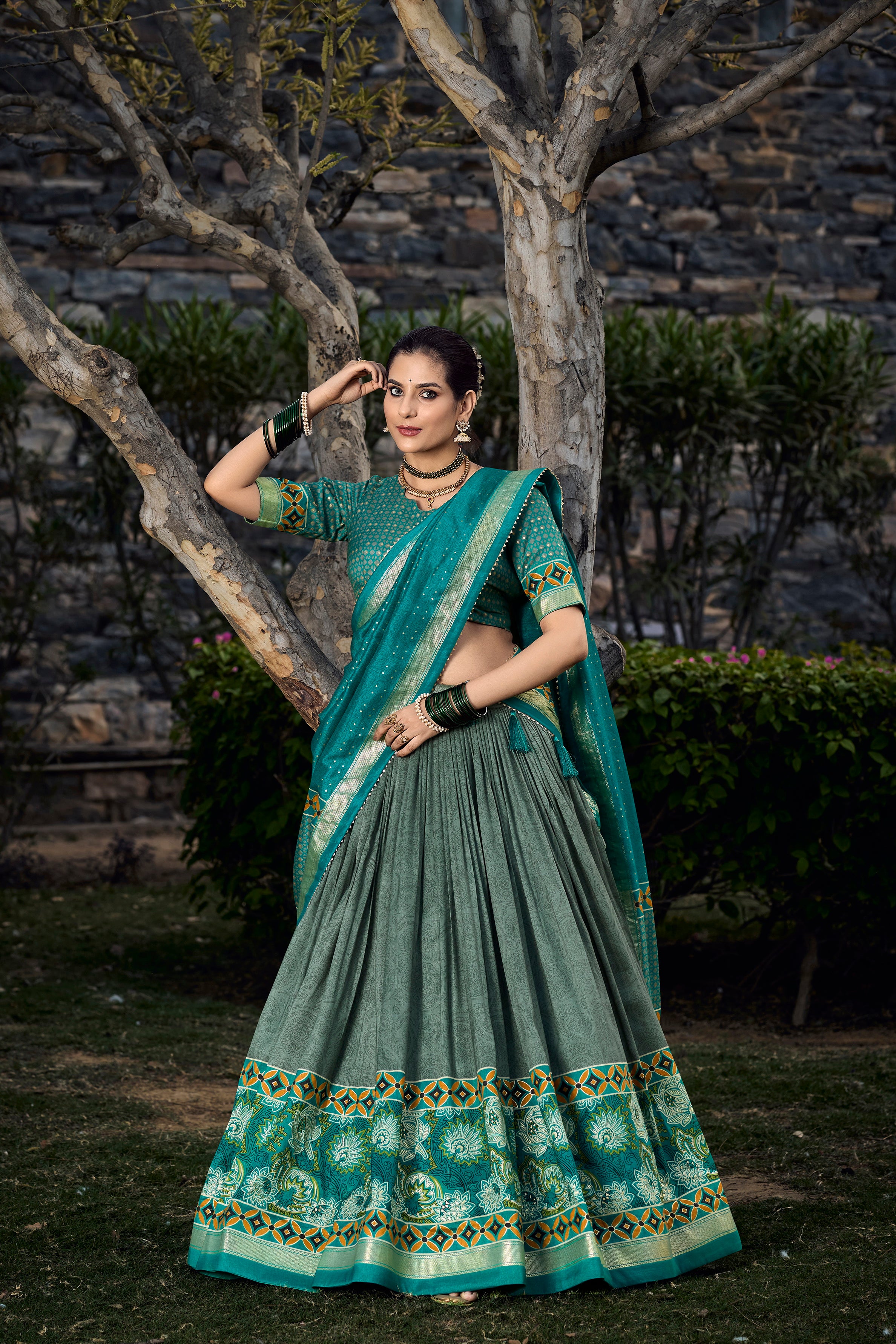 Tussar Silk Floral With Foil Print In Lehenga Choli