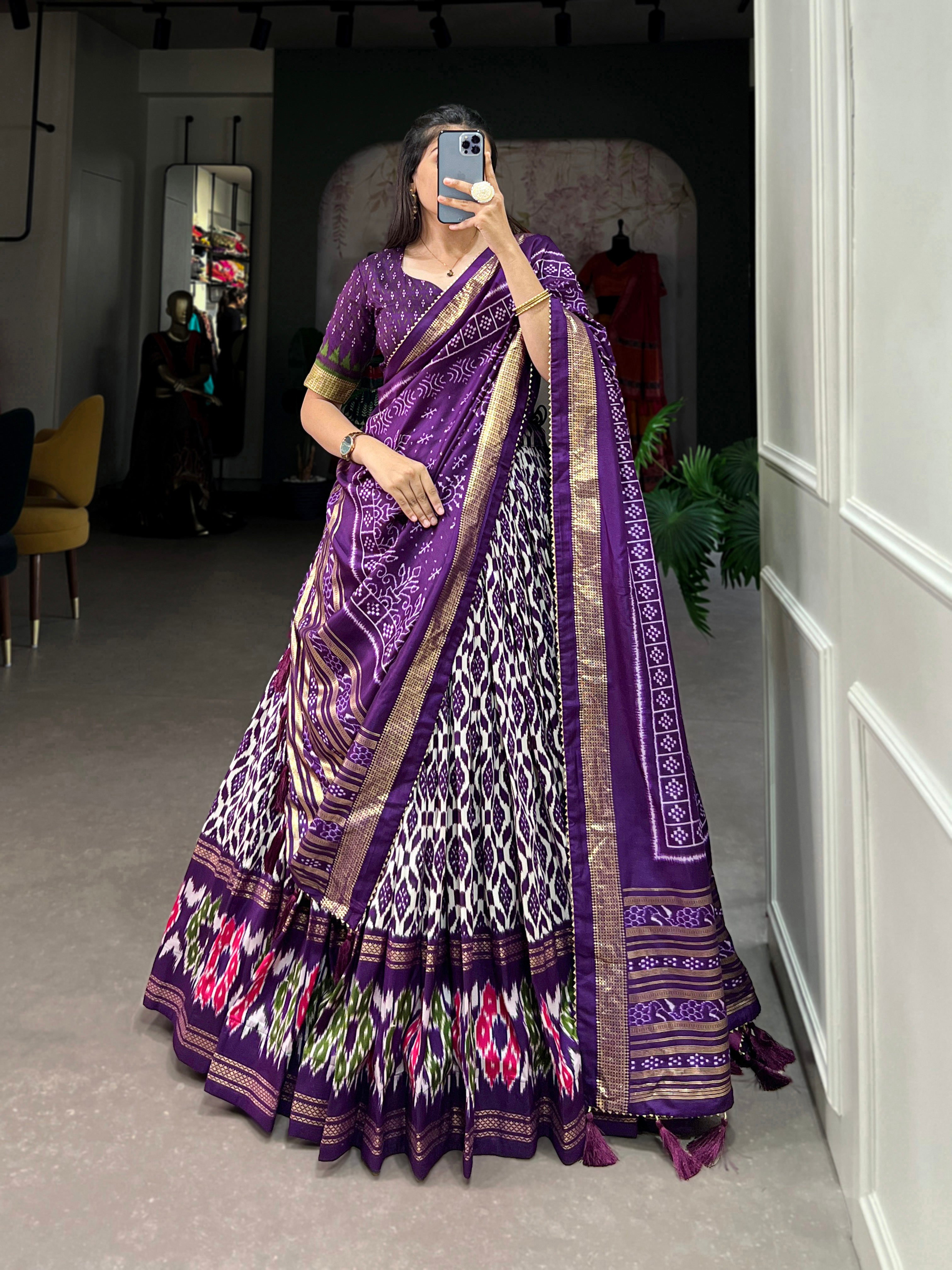 Women's Tussar Silk With Ikkat Print With Foil Work Lehenga Choli Set