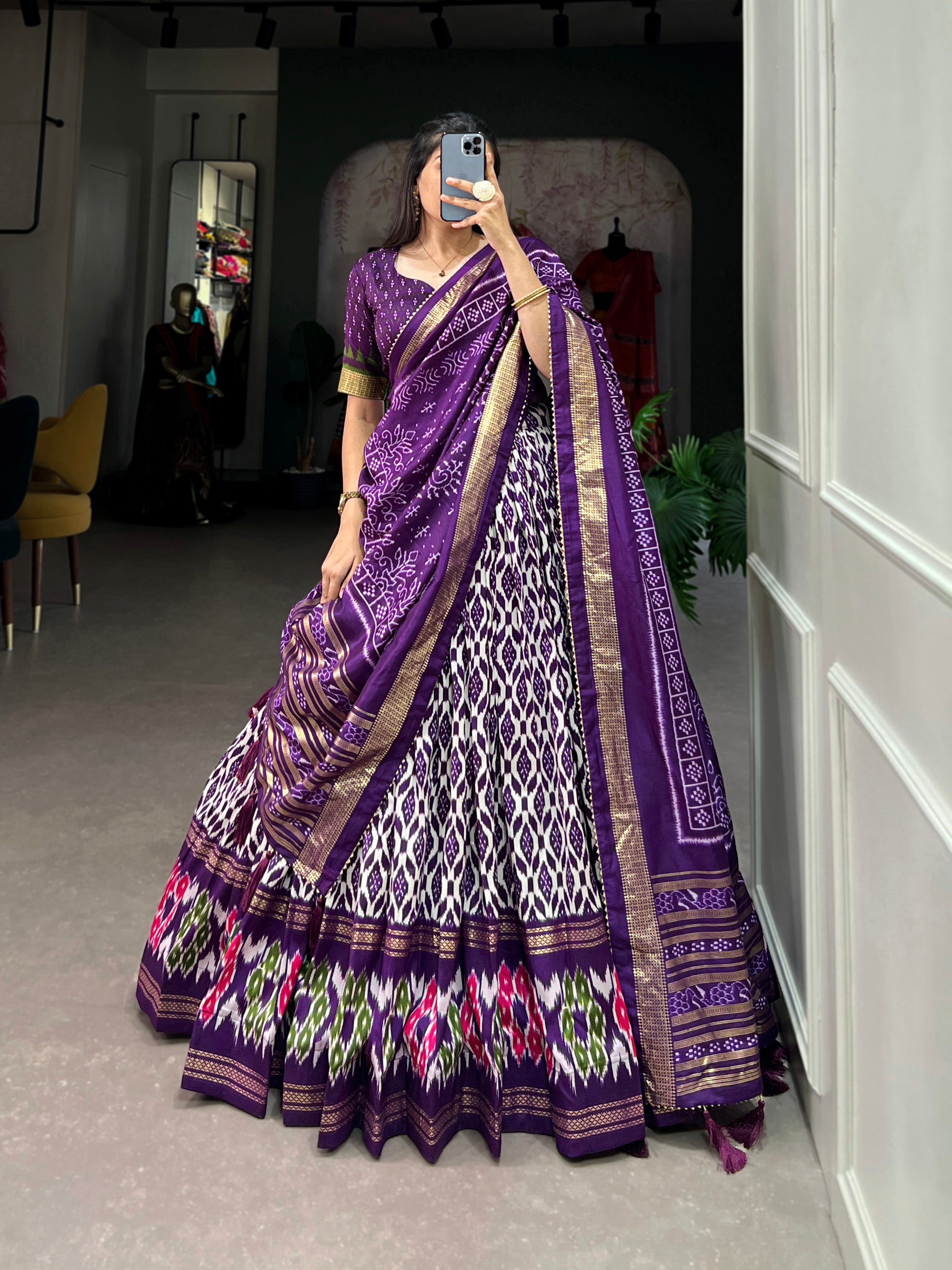 Women's Tussar Silk With Ikkat Print With Foil Work Lehenga Choli Set
