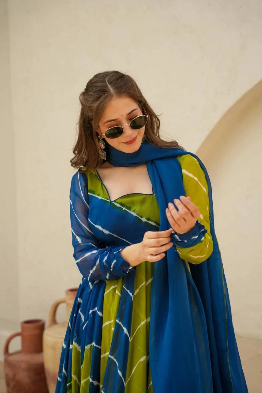 Yellow Leheriya Anarkali Kurta Set
