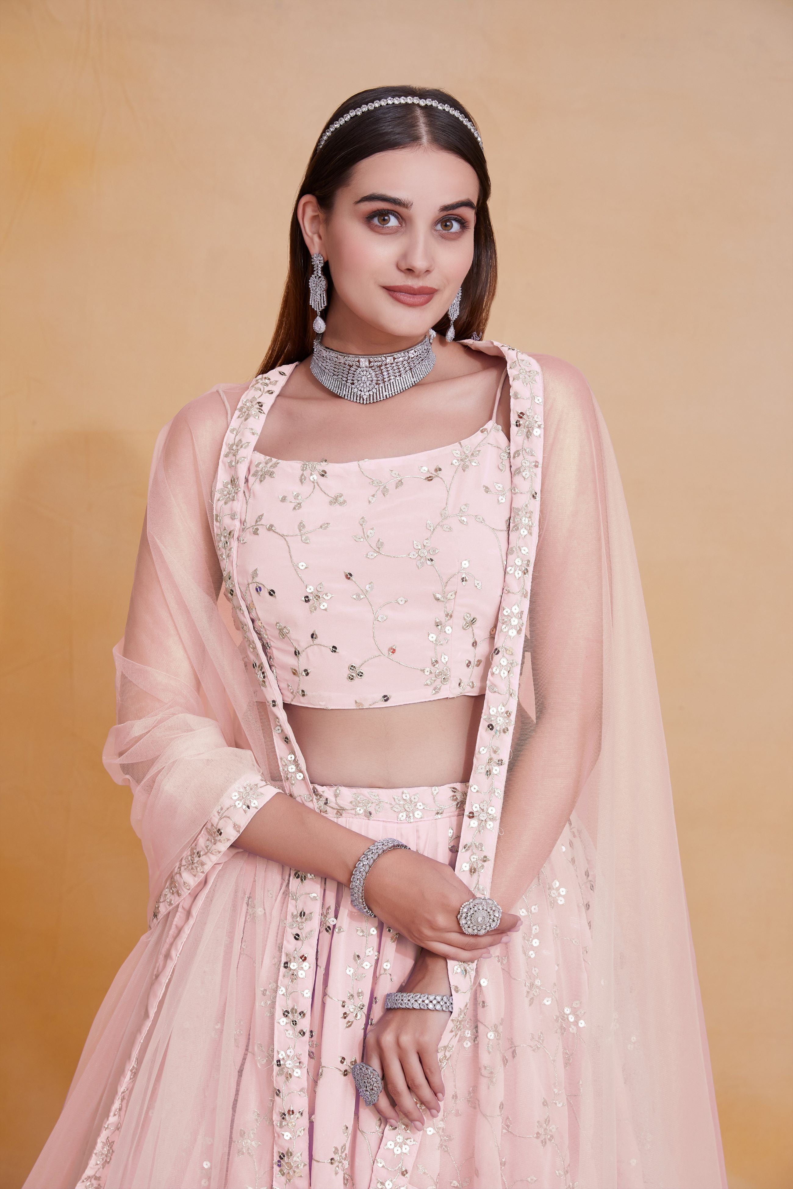 Peach Georgette Sequence Embroidery Work Lehenga choli