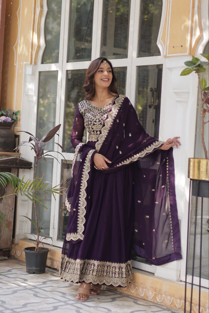 Purple Embroidery Work Georgette Lehenga