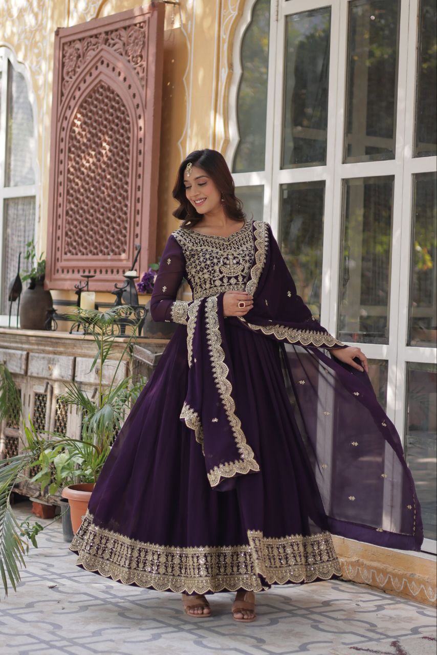 Purple Embroidery Work Georgette Lehenga