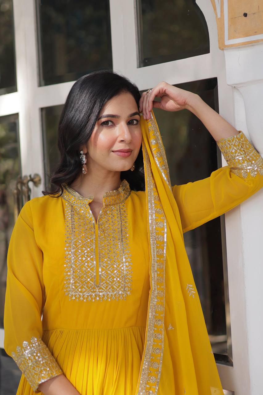 Yellow Sequin Embroidery Work Lehenga Kurta