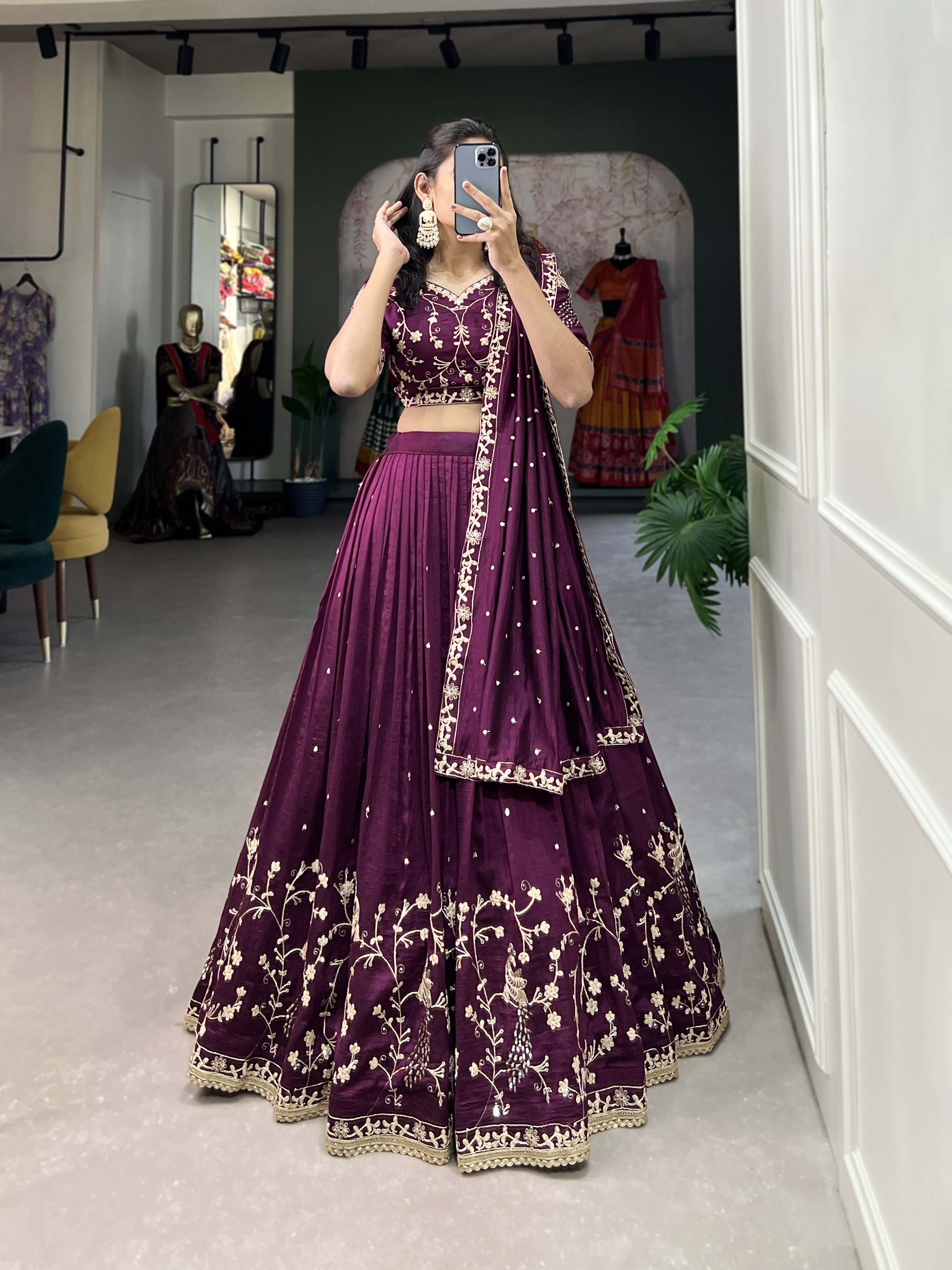 Women's Vichitra Silk With Sequins And Thread Work Lehenga Choli