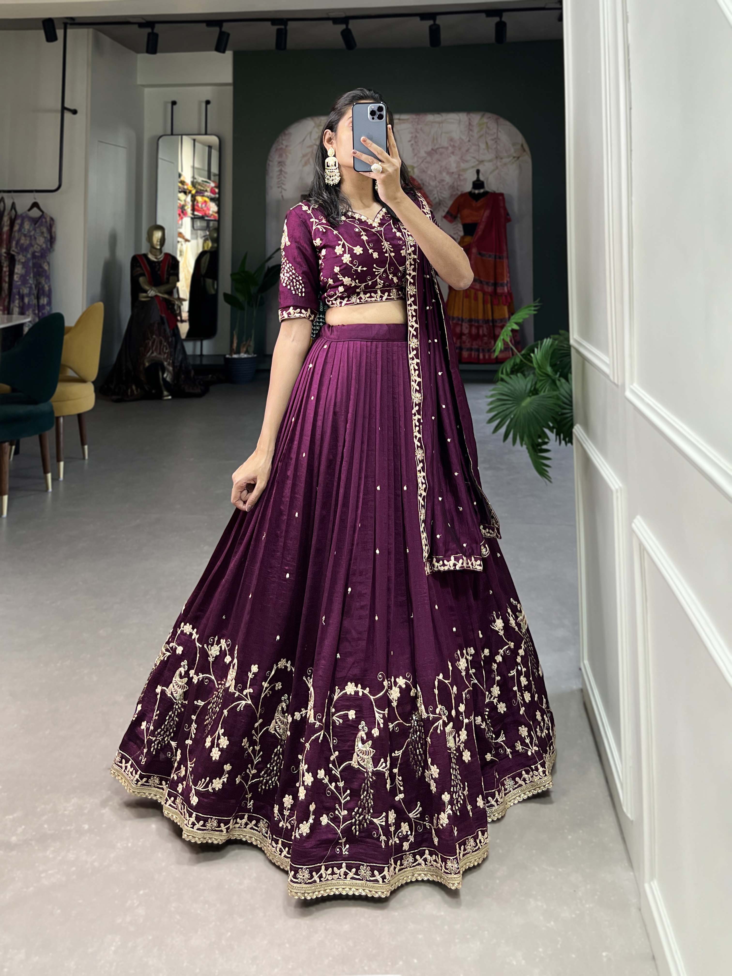 Women's Vichitra Silk With Sequins And Thread Work Lehenga Choli