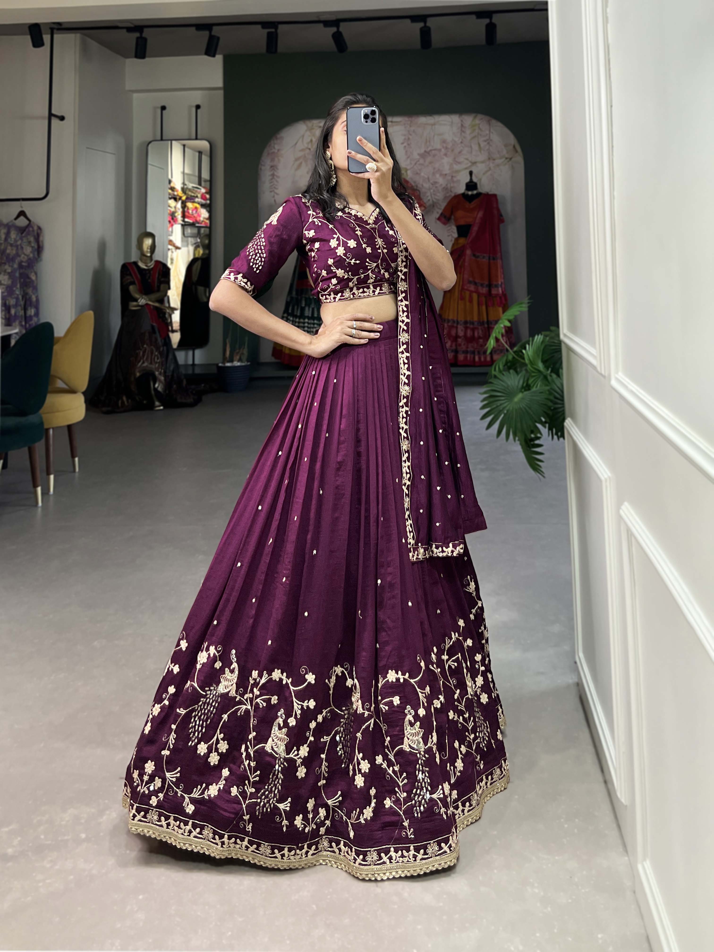 Women's Vichitra Silk With Sequins And Thread Work Lehenga Choli