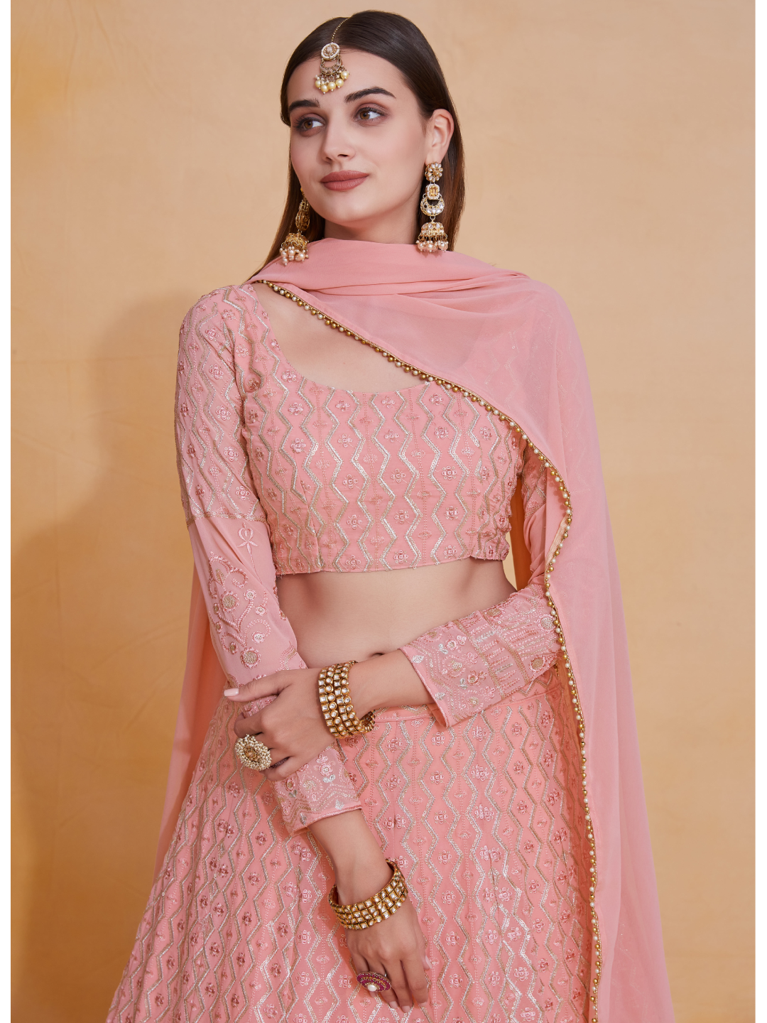 Pink Georgette Thread Sequence Embroidery Work Lehenga Choli