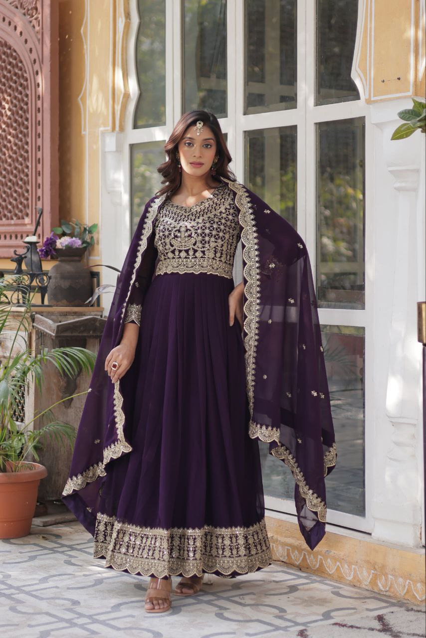 Purple Embroidery Work Georgette Lehenga