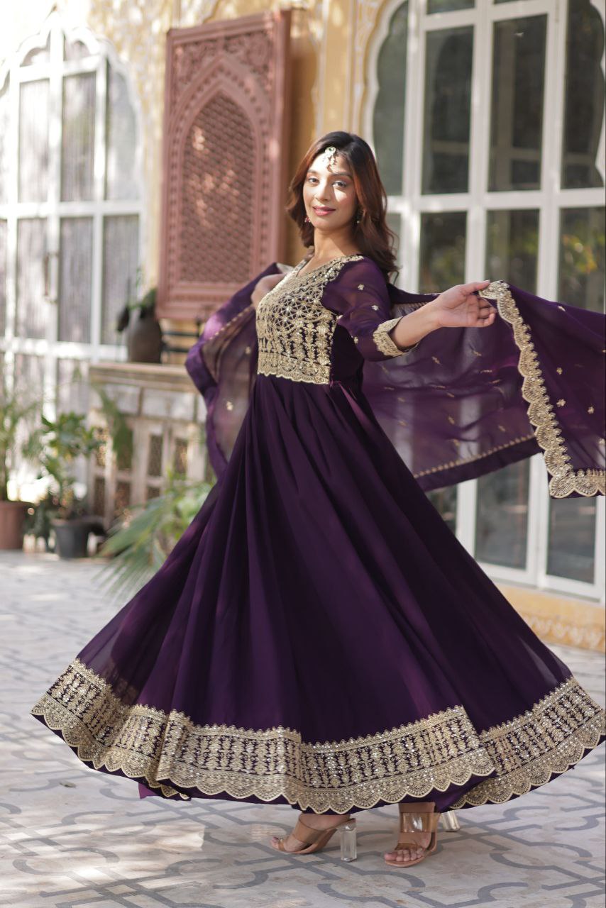 Purple Embroidery Work Georgette Lehenga