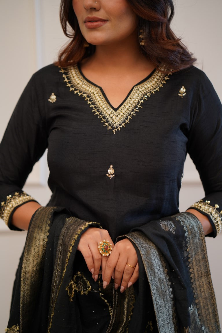 Black Embroidered Straight Kurta Set