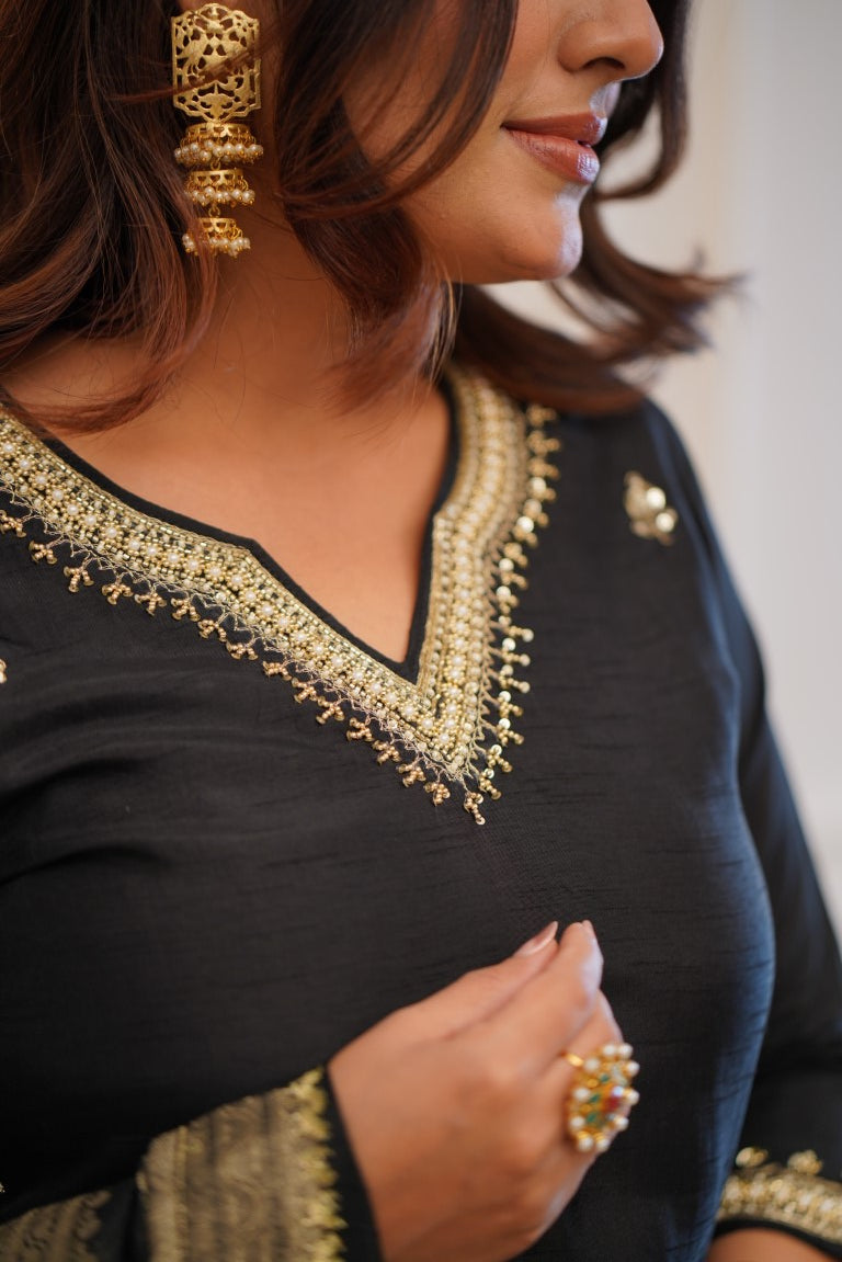 Black Embroidered Straight Kurta Set