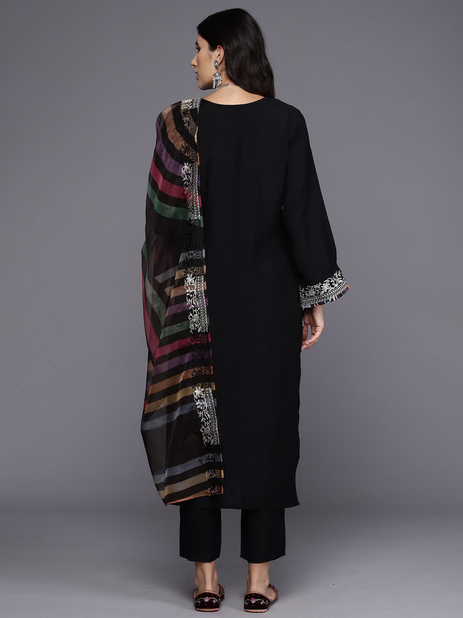 Women Black Embroidered Straight Kurta Trousers With Dupatta Set
