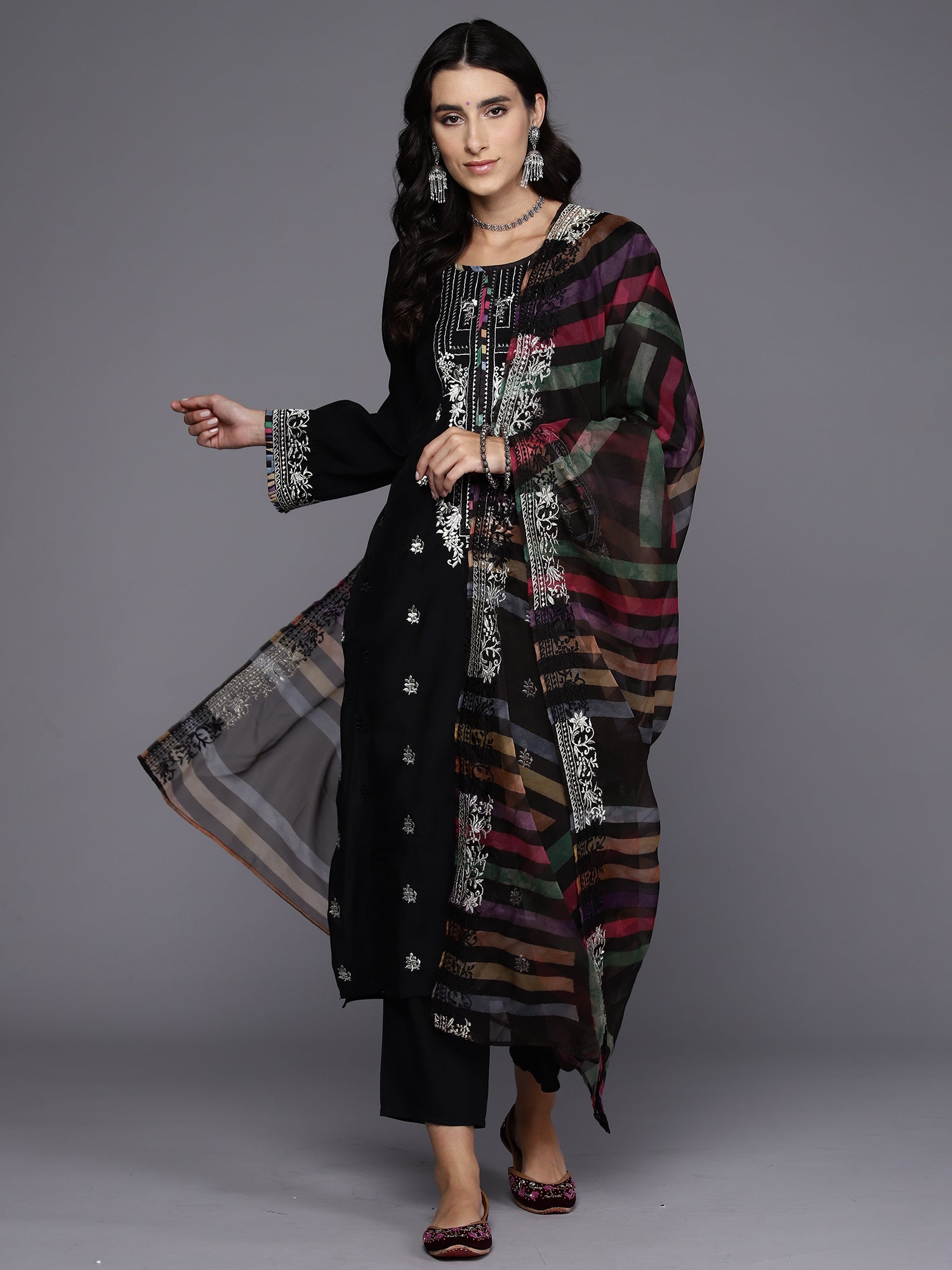 Women Black Embroidered Straight Kurta Trousers With Dupatta Set