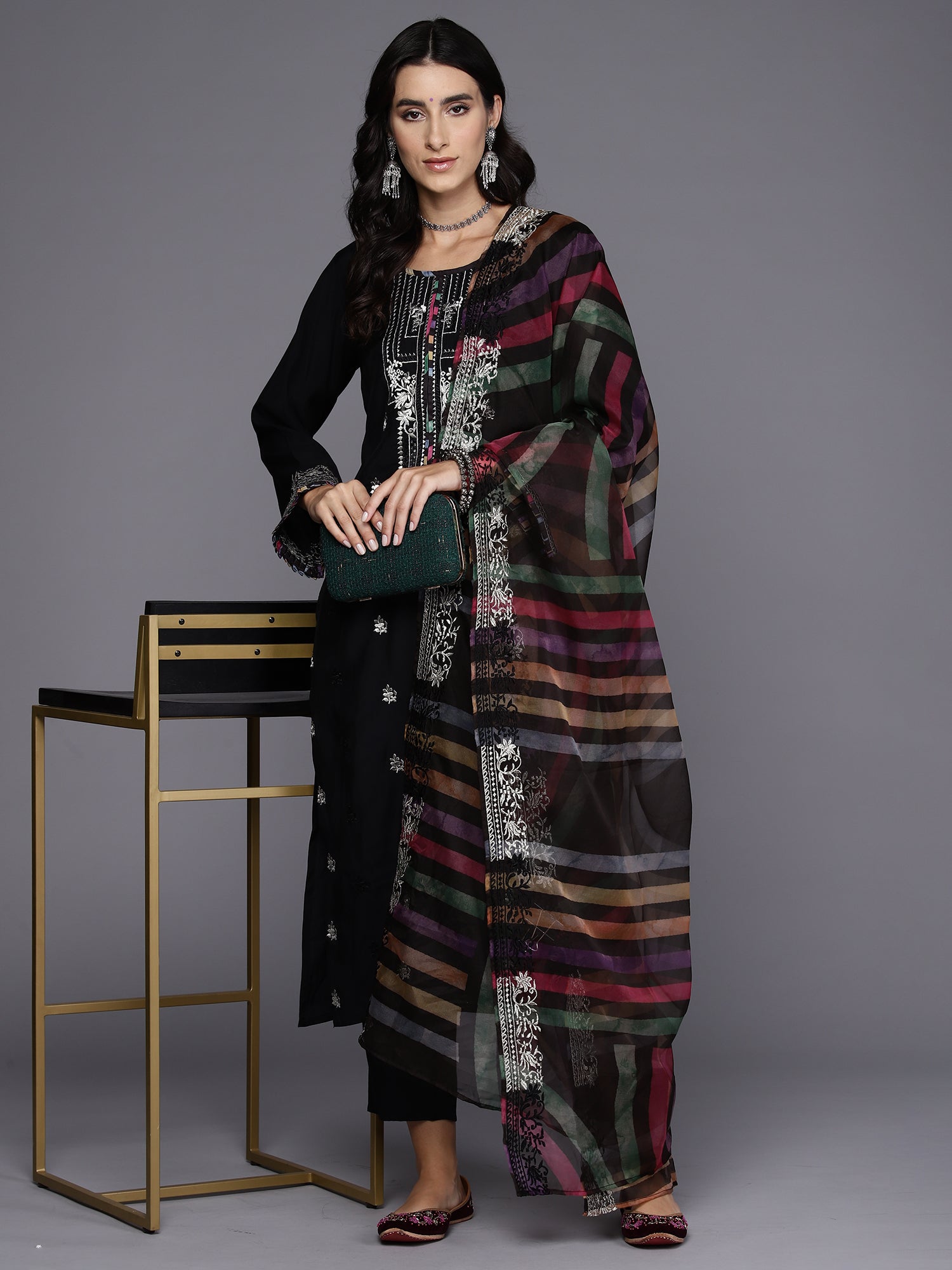 Women Black Embroidered Straight Kurta Trousers With Dupatta Set