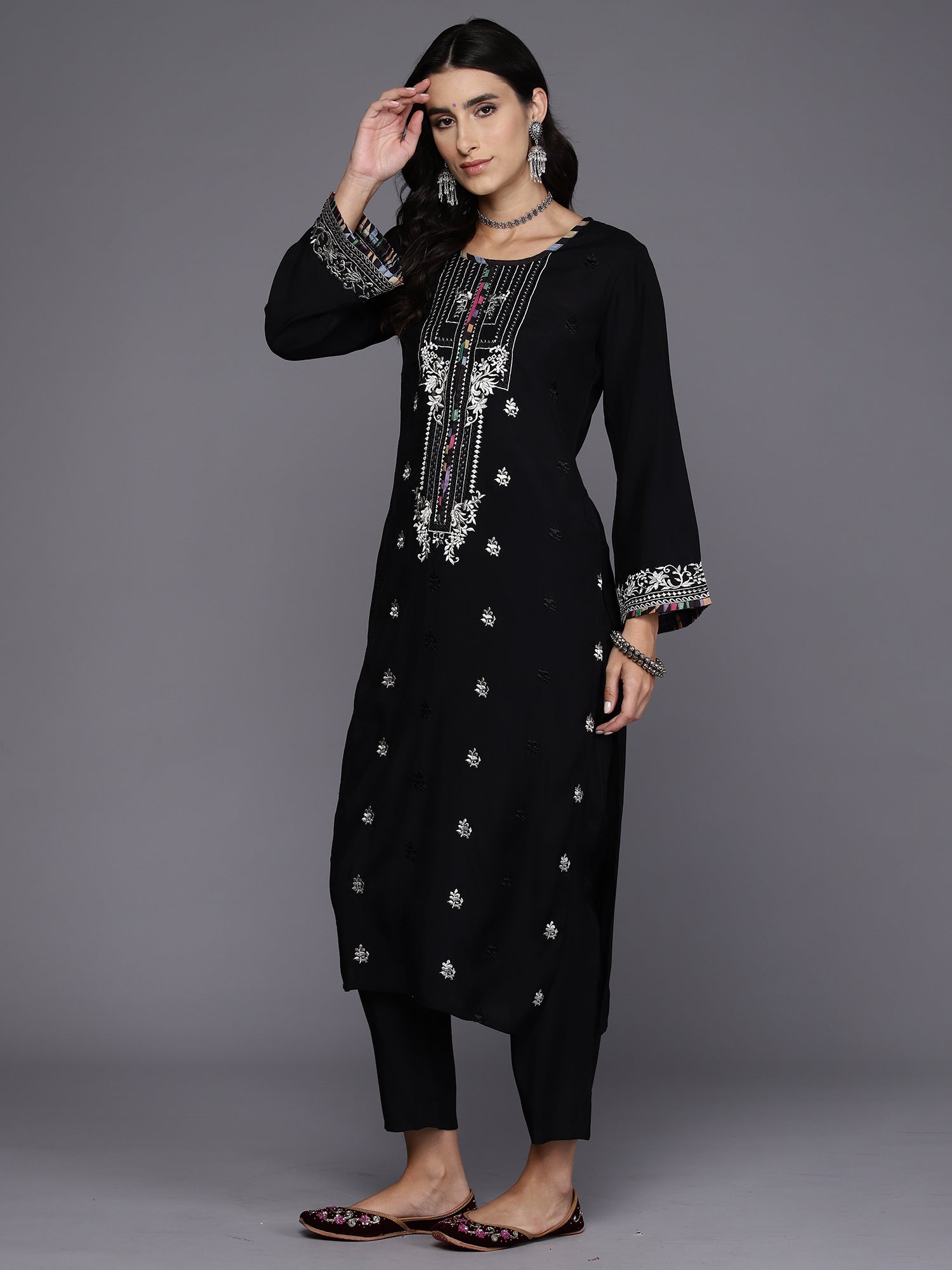 Women Black Embroidered Straight Kurta Trousers With Dupatta Set