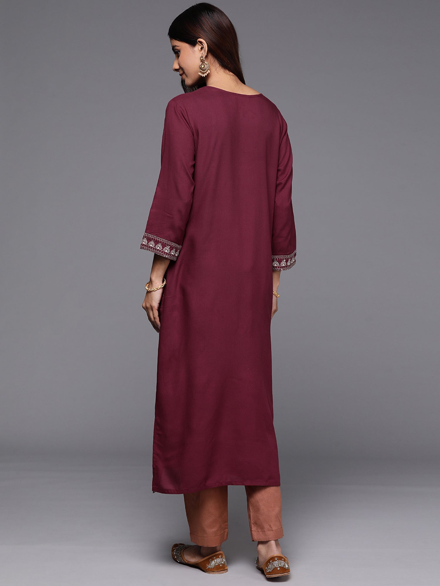 Women Maroon Embroidered Straight Kurtas