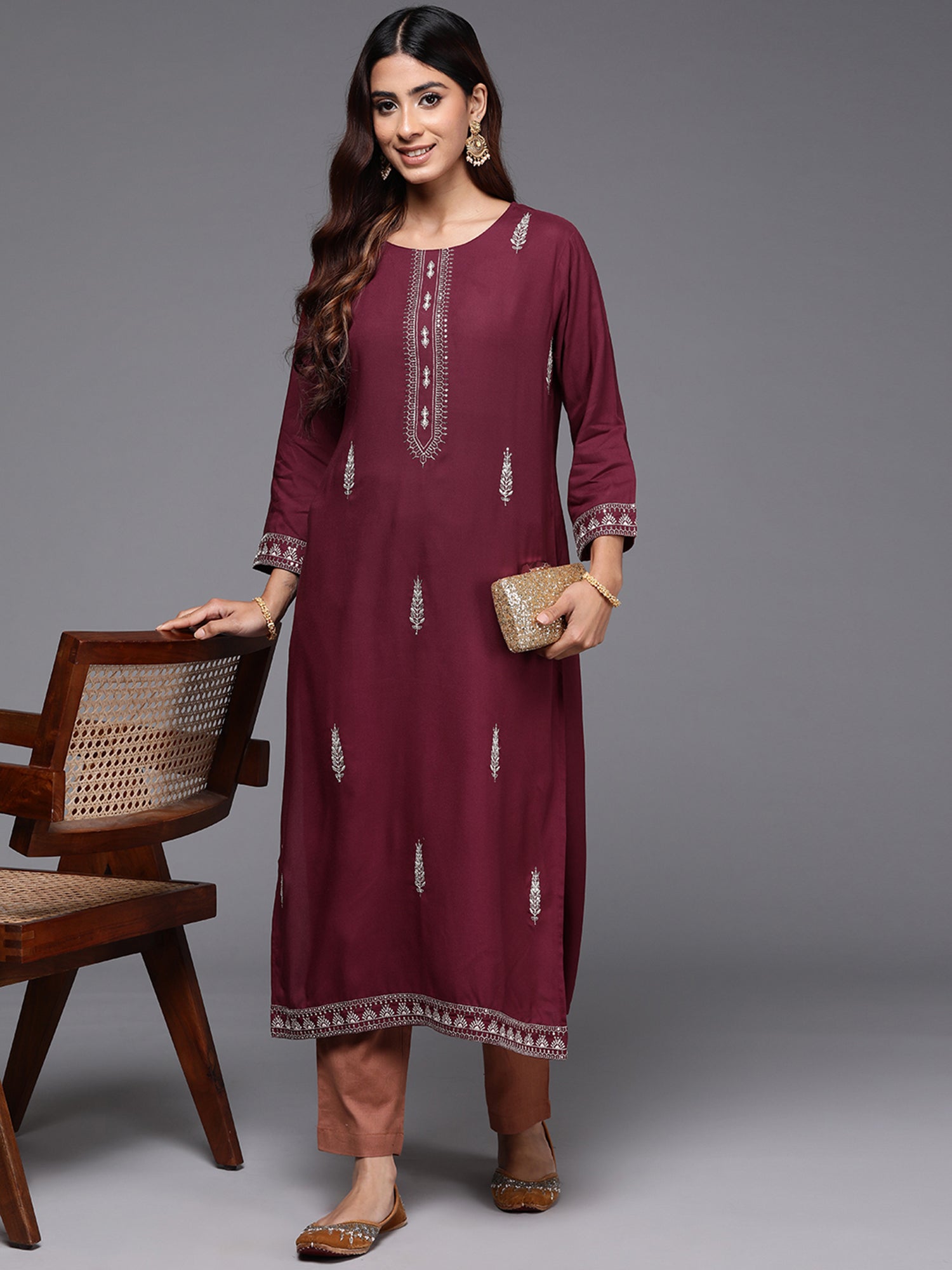 Women Maroon Embroidered Straight Kurtas