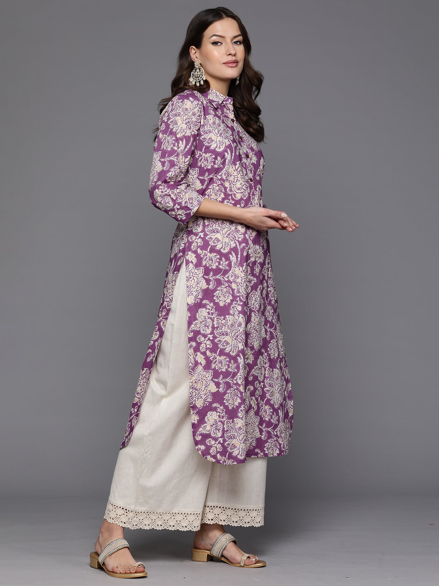 Women Purple Printed Straight Kurta Palazzos Set