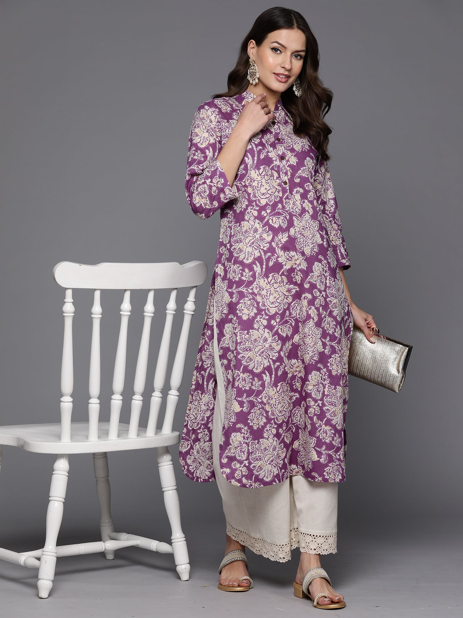Women Purple Printed Straight Kurta Palazzos Set