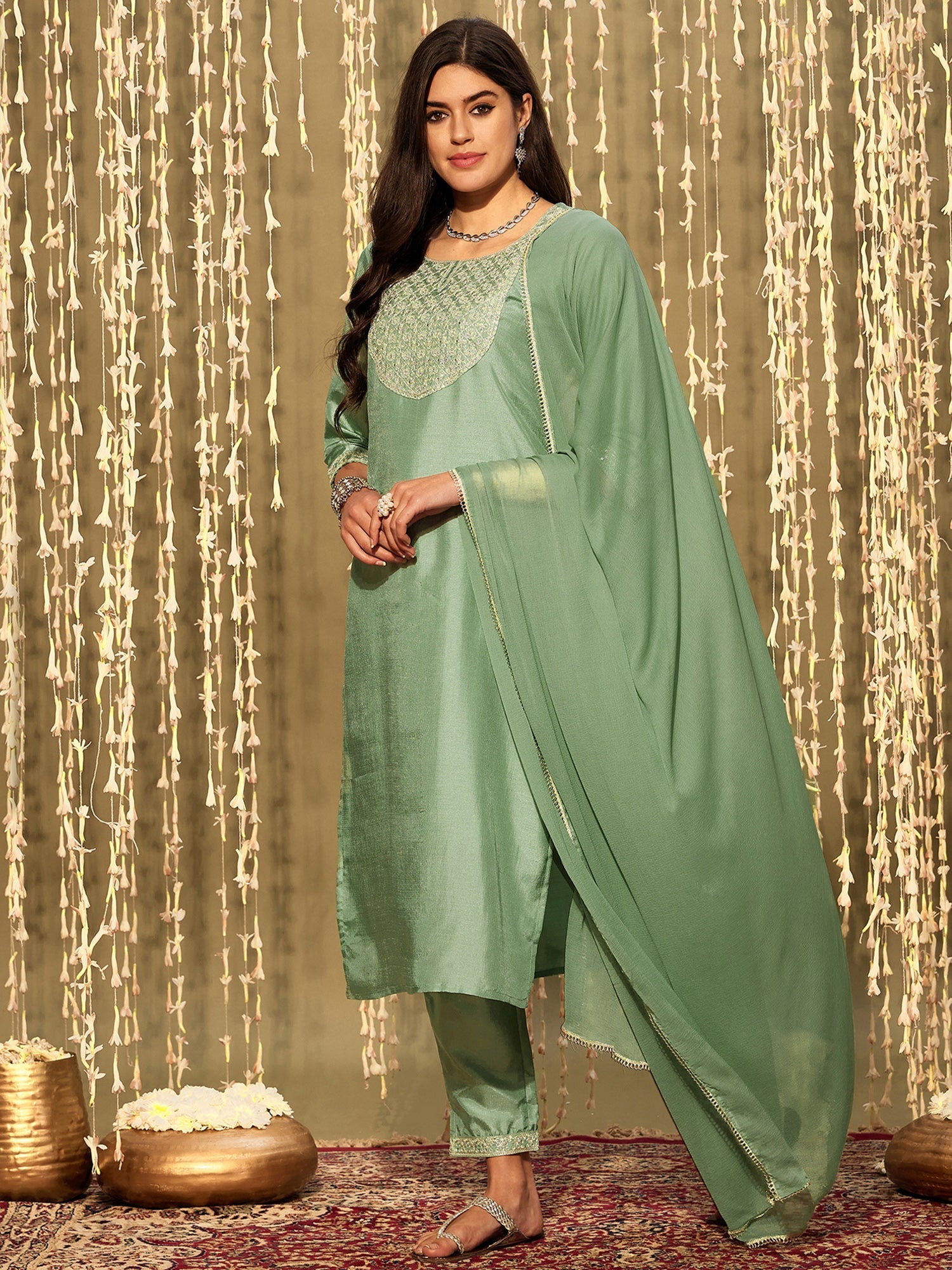 Women Green Embroidered Straight Kurta Trousers With Dupatta Set