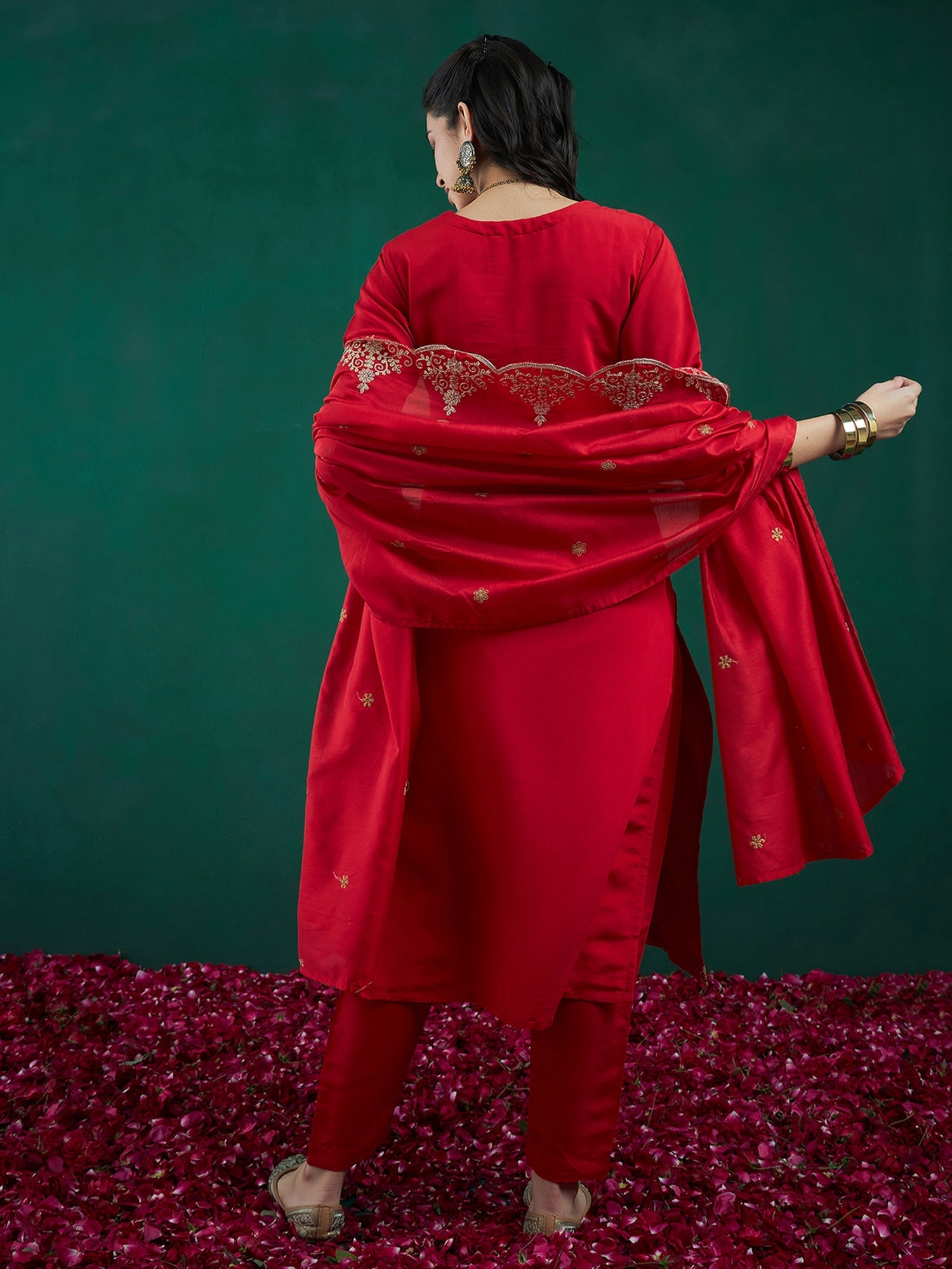 Women Red Embroidered Straight Kurta Trousers With Dupatta Set