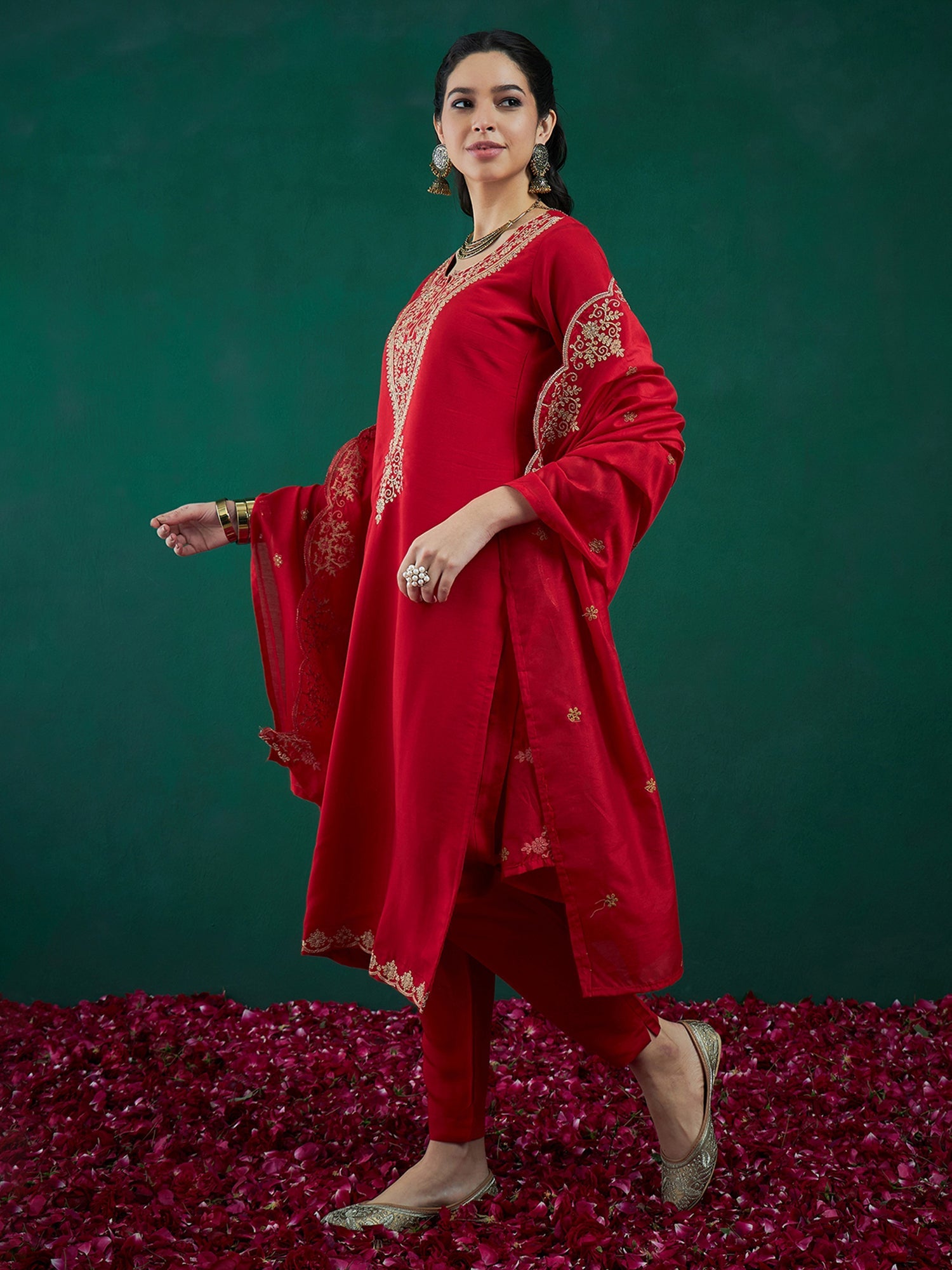 Women Red Embroidered Straight Kurta Trousers With Dupatta Set