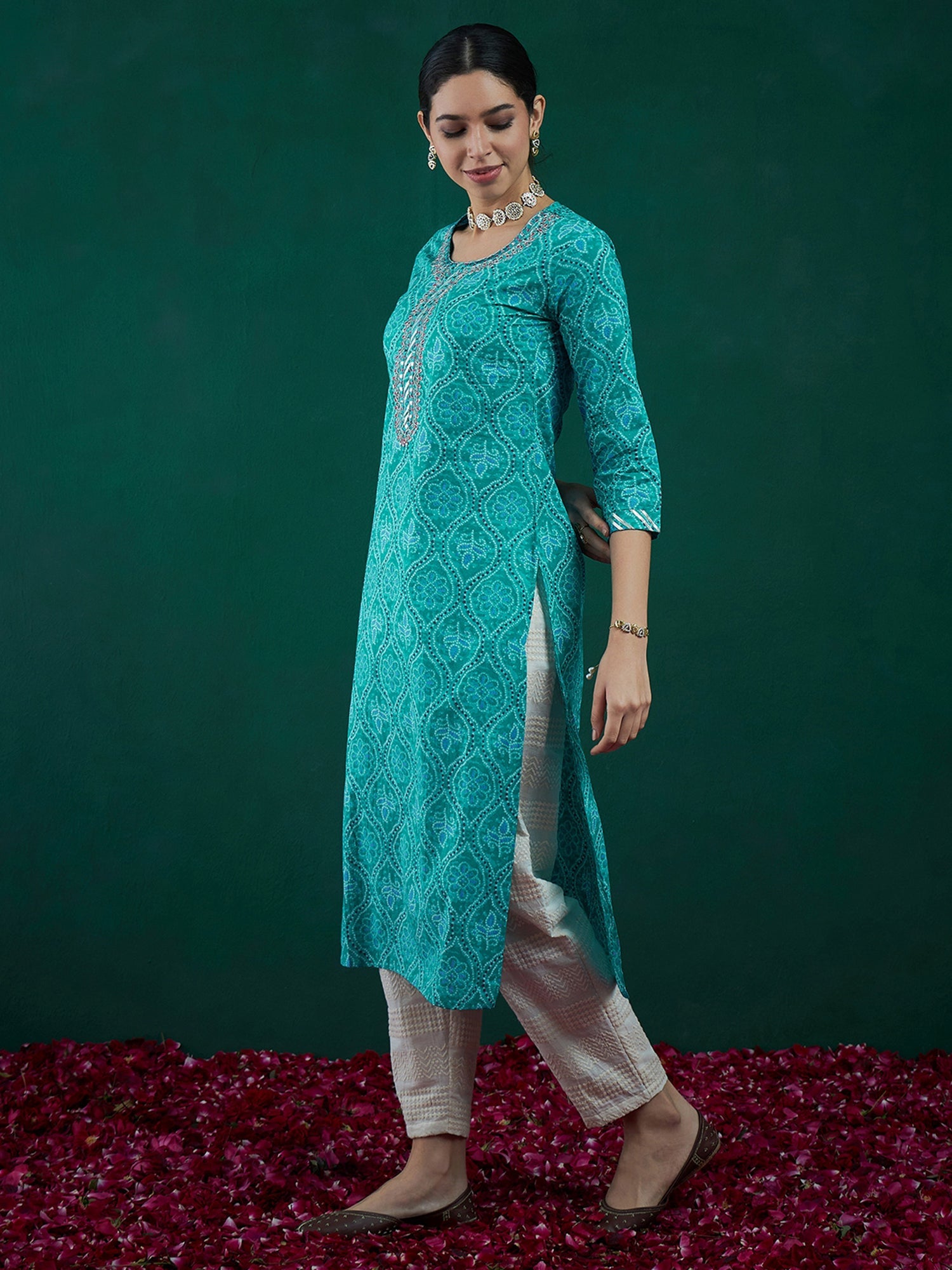 Women Sea Green Printed Straight Kurtas